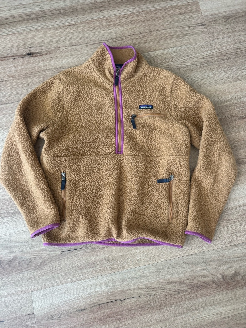 Patagonia Tan Sherpa Pullover with Pink Trim
